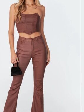 Edikted Brown Faux-Leather Flared High-Rise Pants
